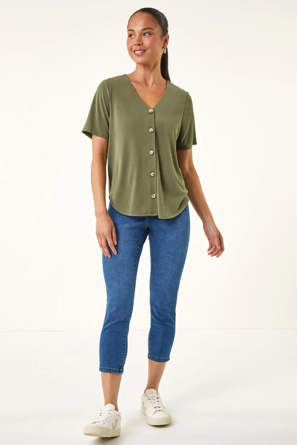 Roman Khaki Petite V-Neck Buttoned Blouse - 16 Image 2