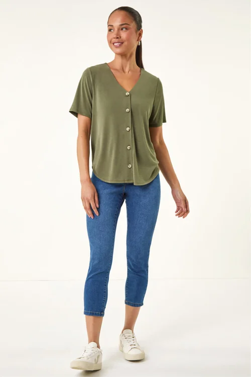Roman Khaki Petite V-Neck Buttoned Blouse - 16 Image 2