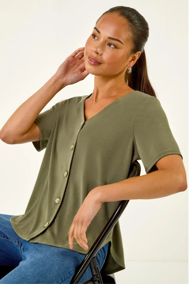 Roman Khaki Petite V-Neck Buttoned Blouse