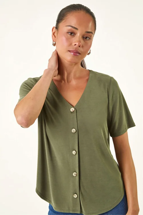 Roman Khaki Petite V-Neck Buttoned Blouse - 16 Image 4
