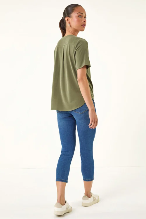 Roman Khaki Petite V-Neck Buttoned Blouse - 16 Image 3
