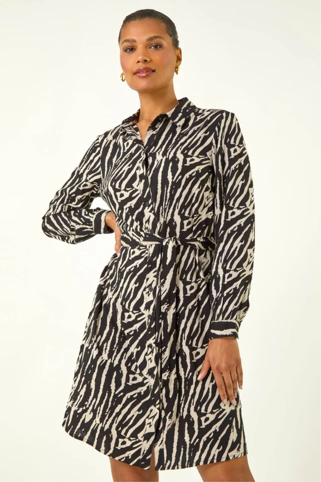 Roman Black Animal Print Tie Waist Dress