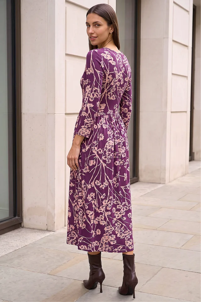 Roman Purple Shadow Floral Stretch Midi Dress