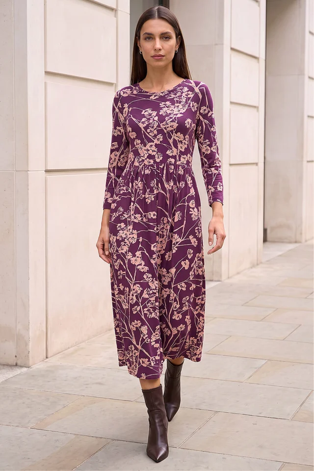 Roman Purple Shadow Floral Stretch Midi Dress