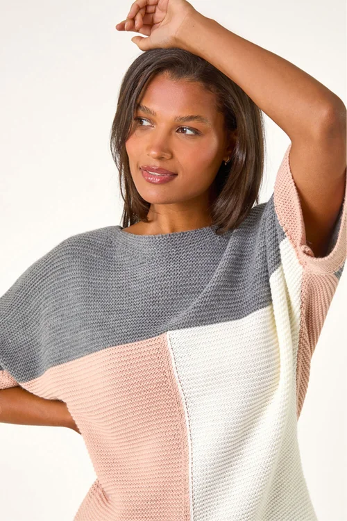 Roman Light Pink Colour Block Knitted Jumper - L Image 4
