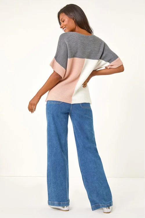 Roman Light Pink Colour Block Knitted Jumper - L Image 3
