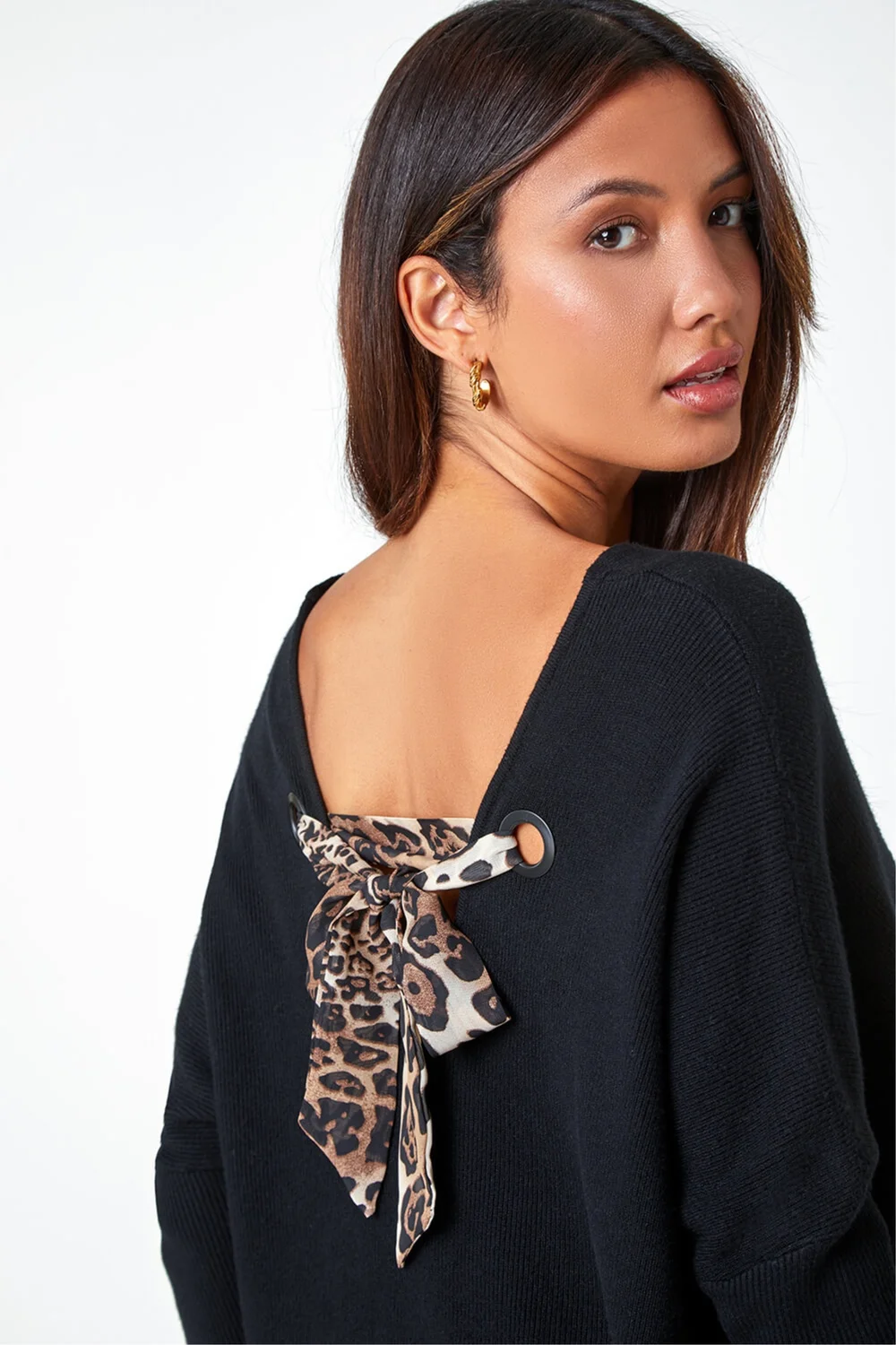 Roman Black One Size Animal Print Tie Back V-Neck Jumper - One Size Image 1