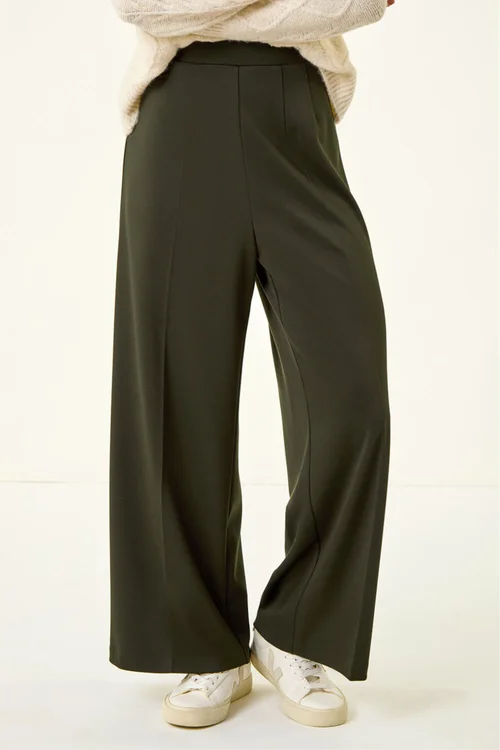 Roman Khaki Petite Wide Leg Ponte Stretch Trouser - 18 Image 4