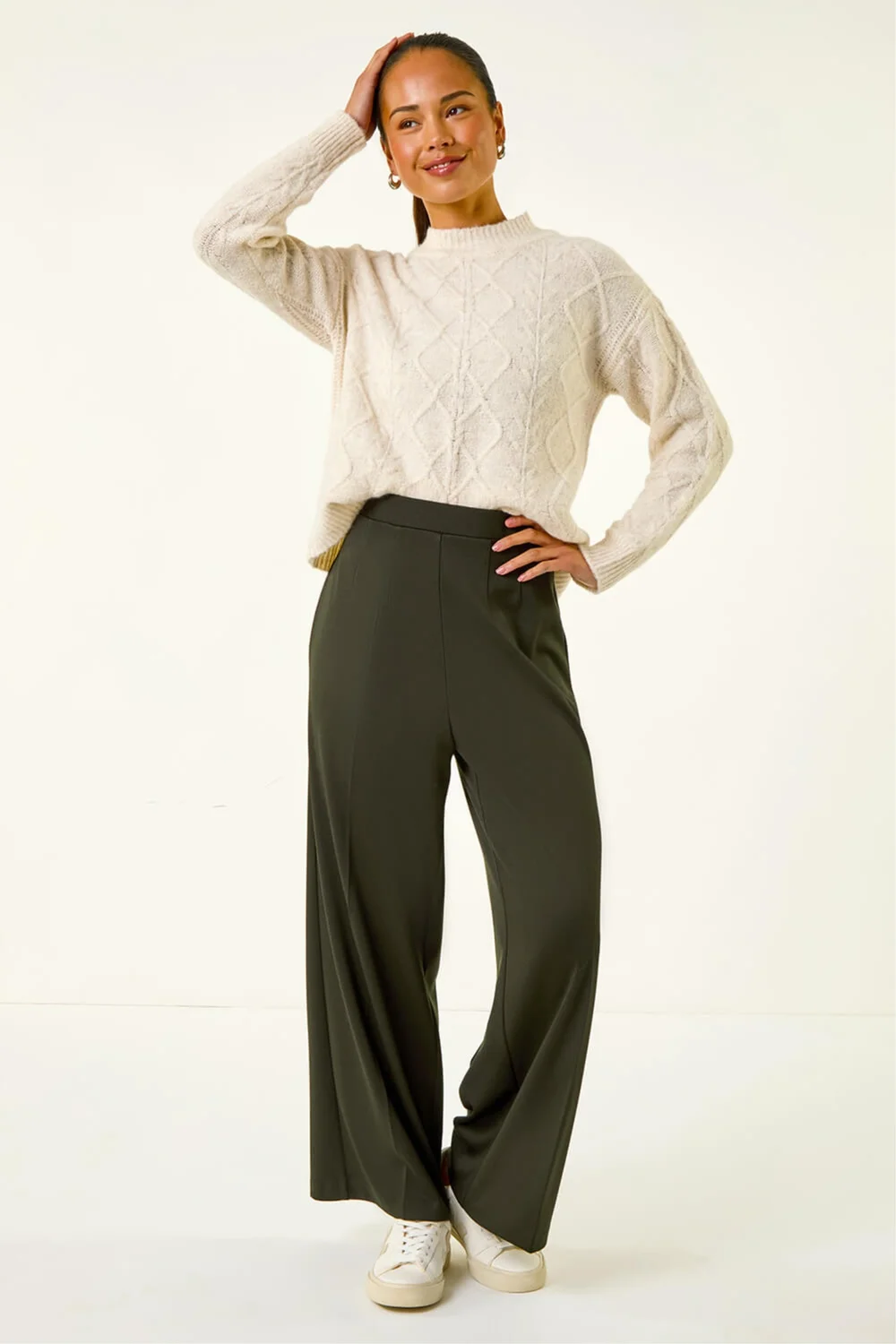Roman Khaki Petite Wide Leg Ponte Stretch Trouser - 18 Image 2