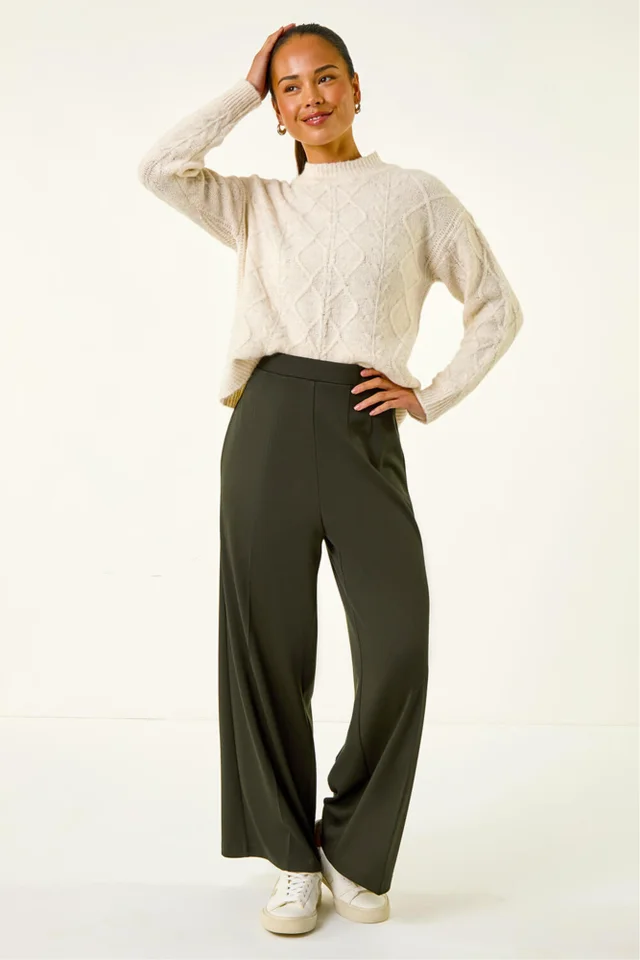 Roman Khaki Petite Wide Leg Ponte Stretch Trouser