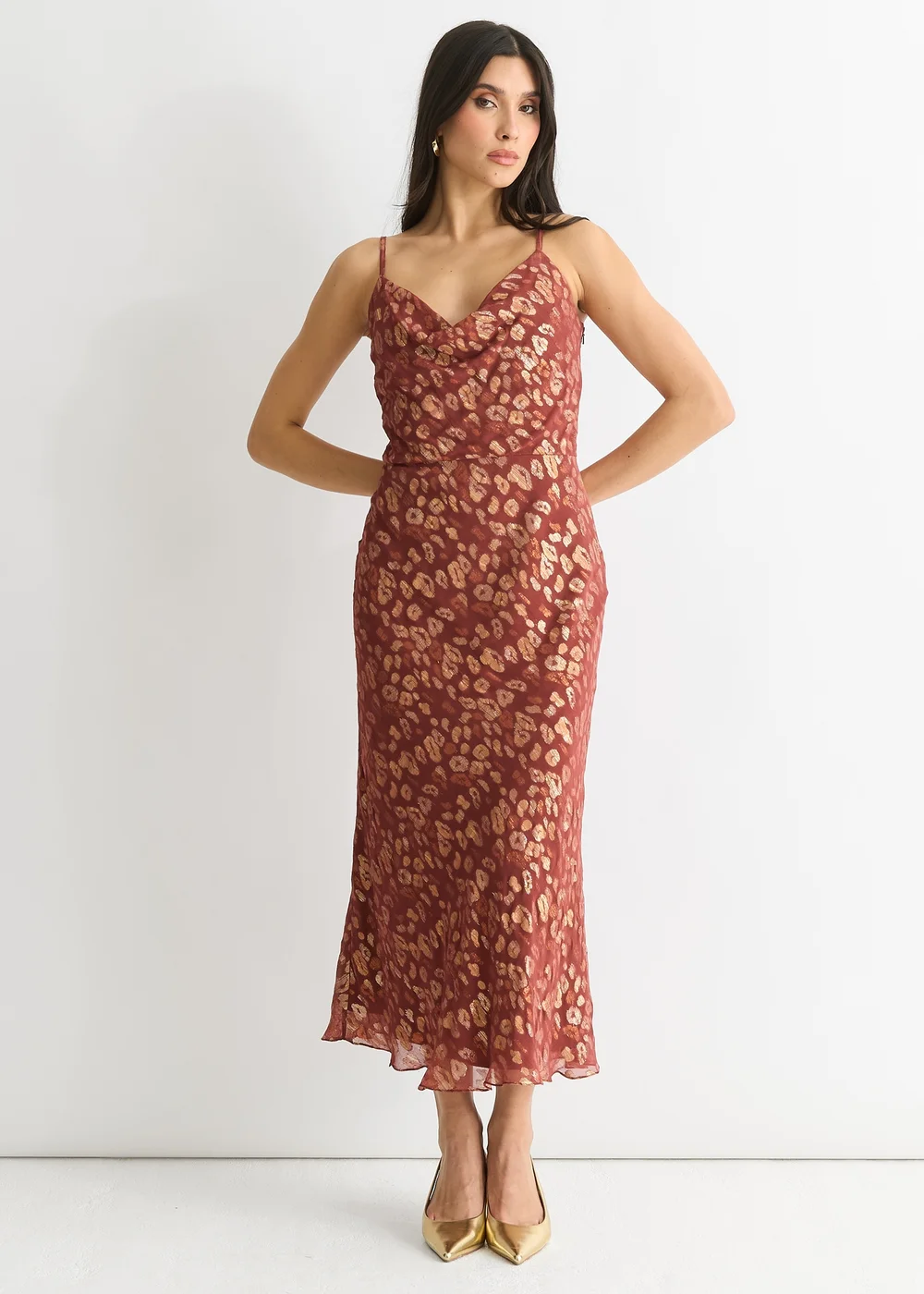 Gini London Brown Viscose Animal Jacquard Cowl Midi Dress - 12 Image 4