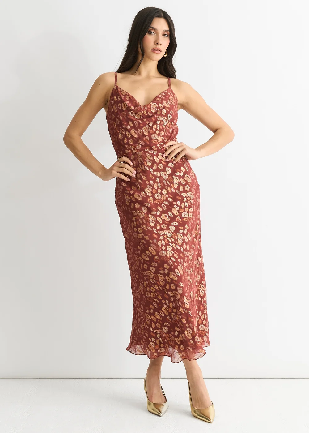 Gini London Brown Viscose Animal Jacquard Cowl Midi Dress - 12 Image 1
