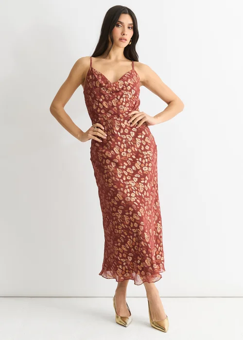 Gini London Brown Viscose Animal Jacquard Cowl Midi Dress - 12 Image 1