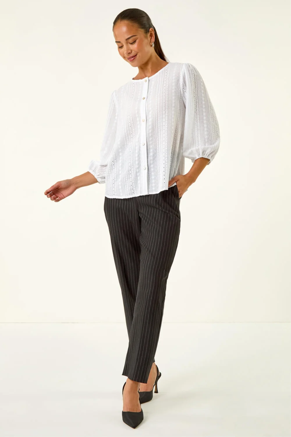 Roman White Petite Textured Buttoned Blouse - 18 Image 2