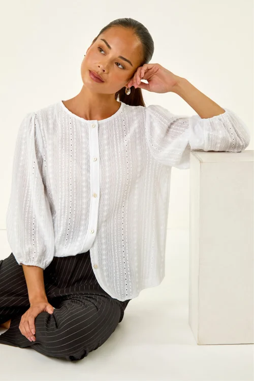 Roman White Petite Textured Buttoned Blouse - 18 Image 1