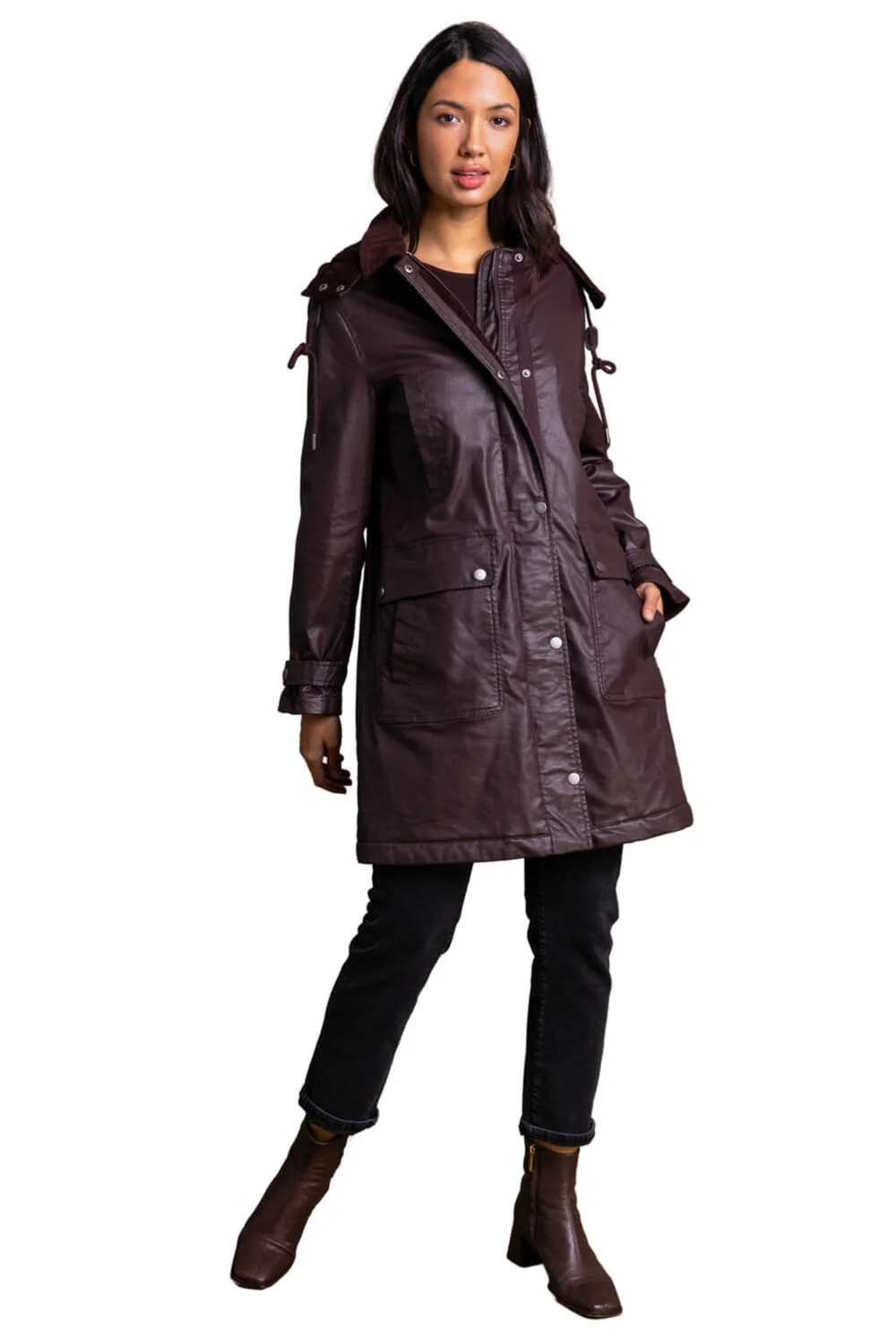 Roman Chocolate Waxed Longline Hooded Coat - 12 Image 1