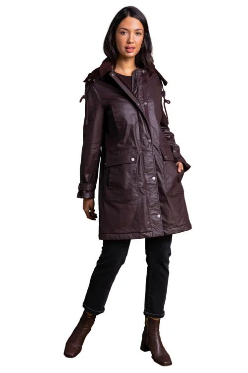 Roman Chocolate Waxed Longline Hooded Coat - 12 Image 1