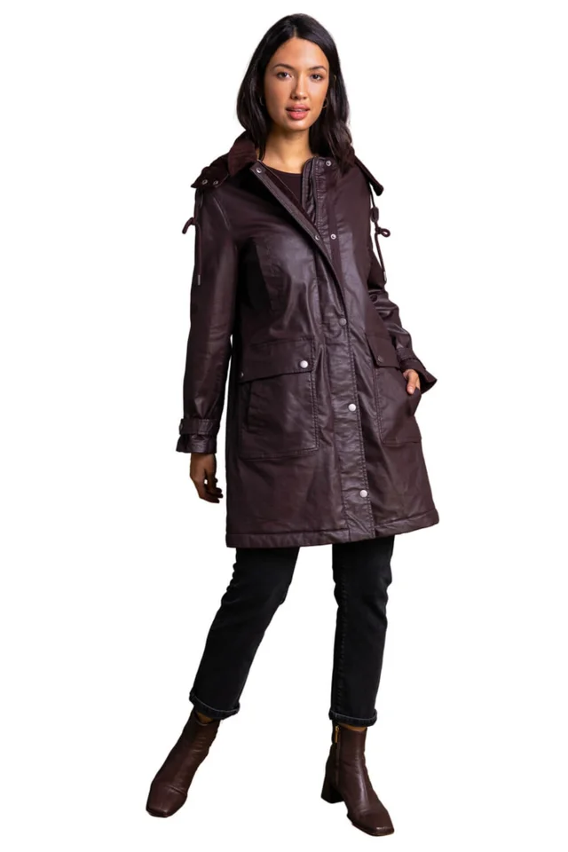 Roman Chocolate Waxed Longline Hooded Coat