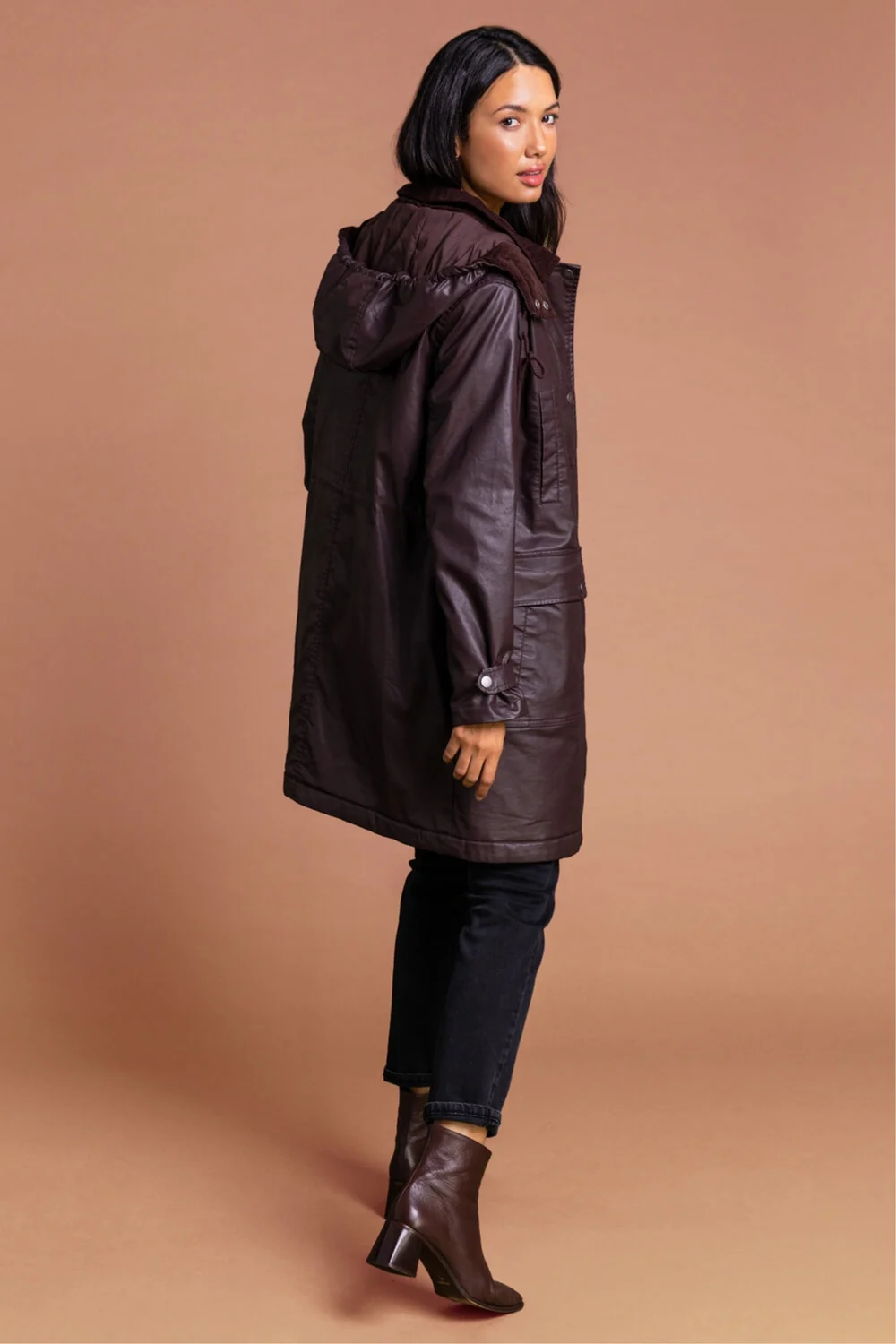 Roman Chocolate Waxed Longline Hooded Coat - 12 Image 4
