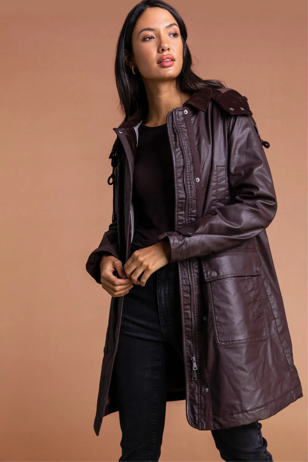 Roman Chocolate Waxed Longline Hooded Coat - 12 Image 2
