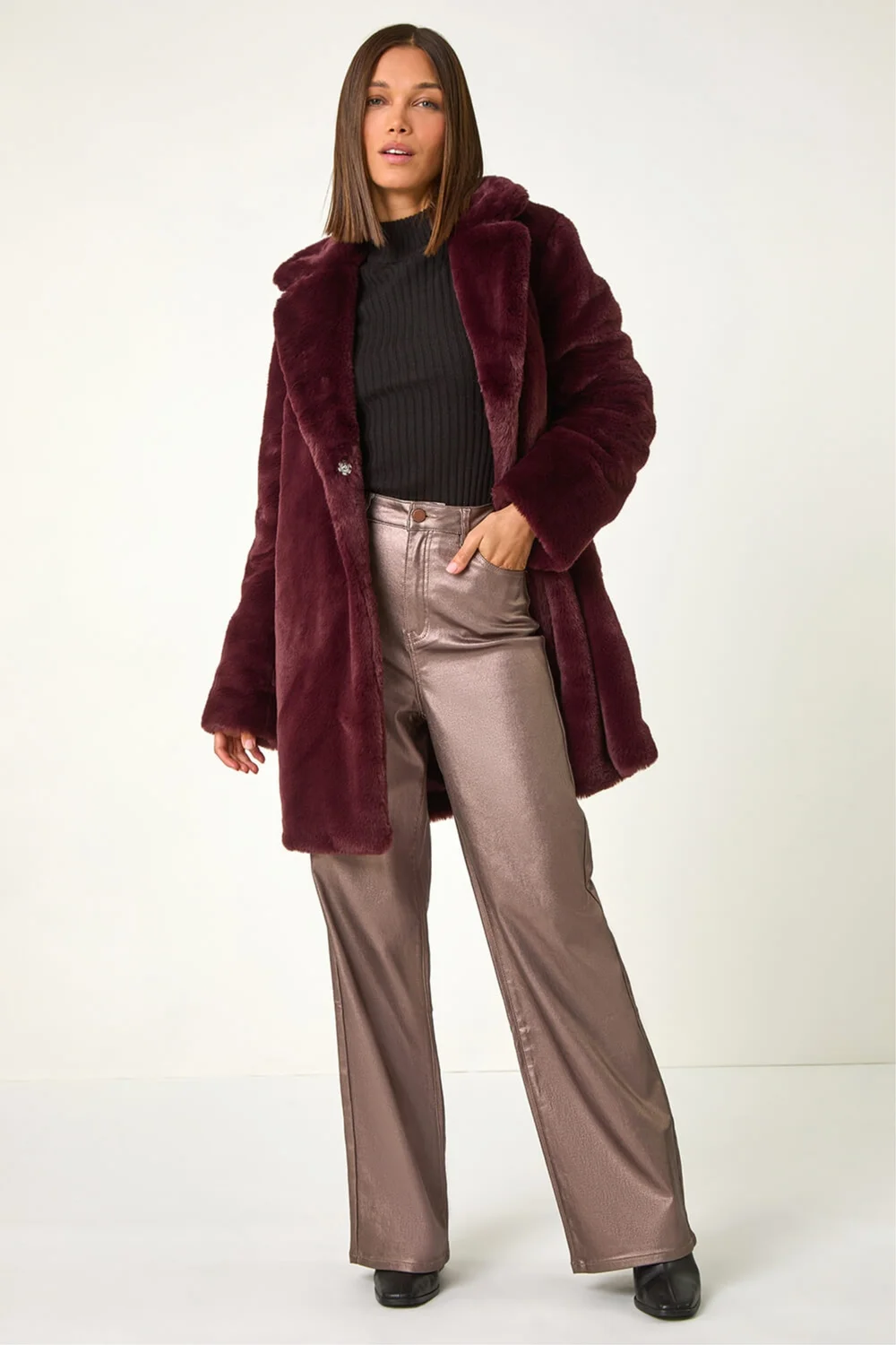 Roman Bordeaux Faux Fur Longline Coat - 14 Image 3