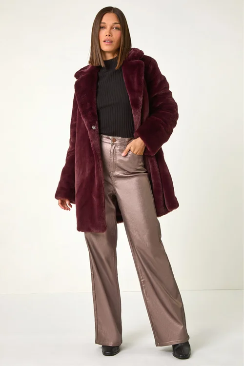 Roman Bordeaux Faux Fur Longline Coat - 14 Image 3