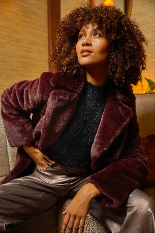 Roman Bordeaux Faux Fur Longline Coat - 14 Image 1