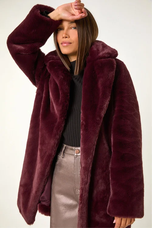 Roman Bordeaux Faux Fur Longline Coat - 14 Image 2