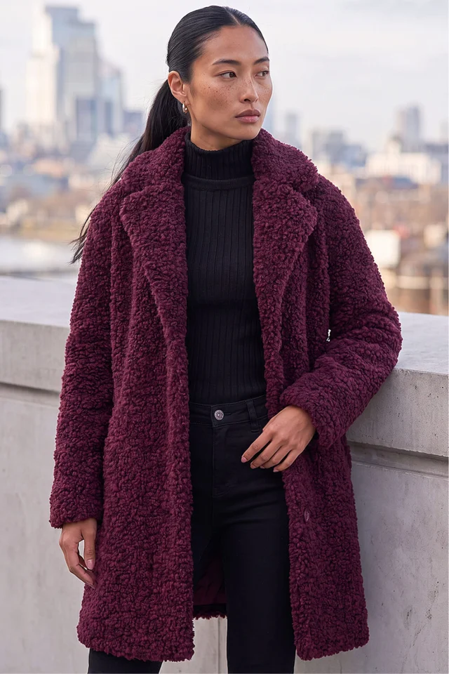 Roman Wine Petite Teddy Longline Coat