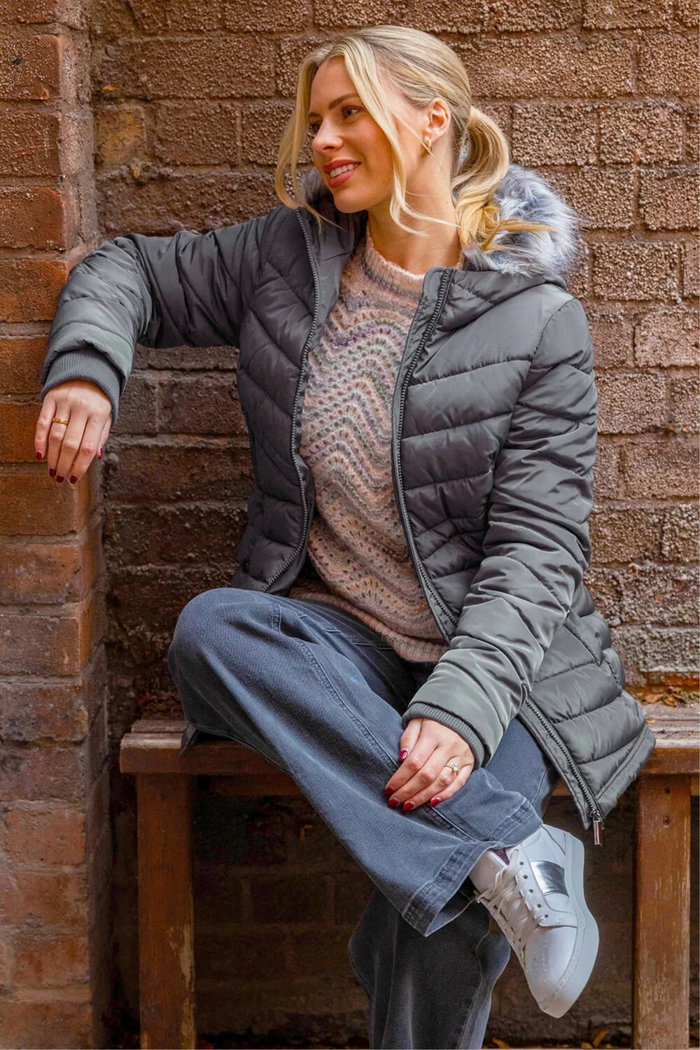 Roman Charcoal Faux Fur Hooded Quilt Coat - 14 Image 1