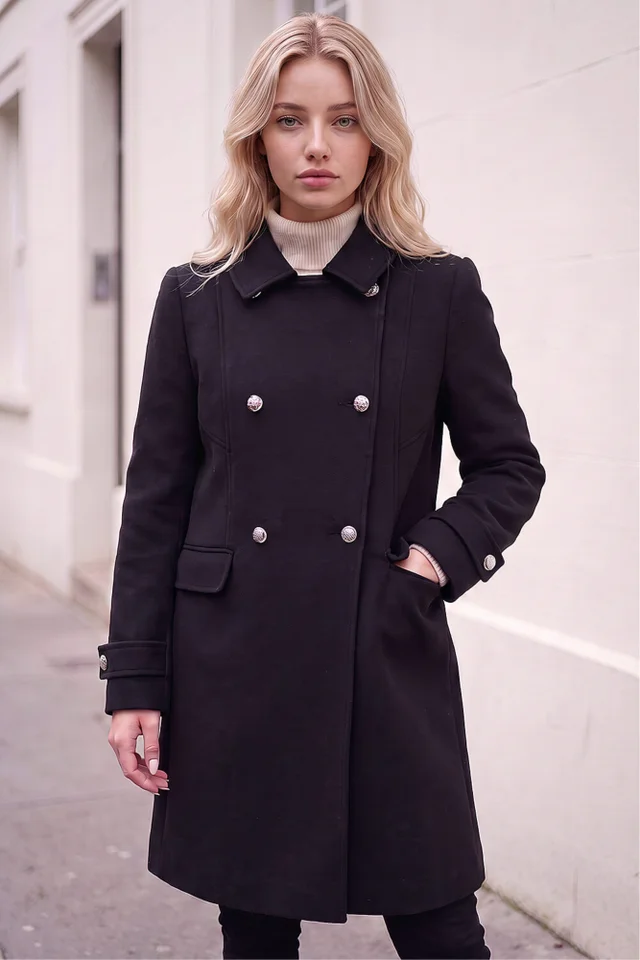 Roman Black Petite Double Breasted Military Coat