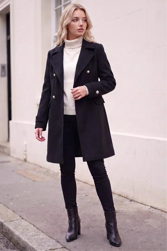 Roman Black Petite Double Breasted Military Coat