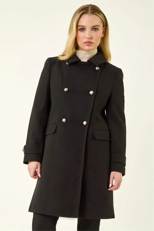 Roman Black Petite Double Breasted Military Coat - 10 Image 1