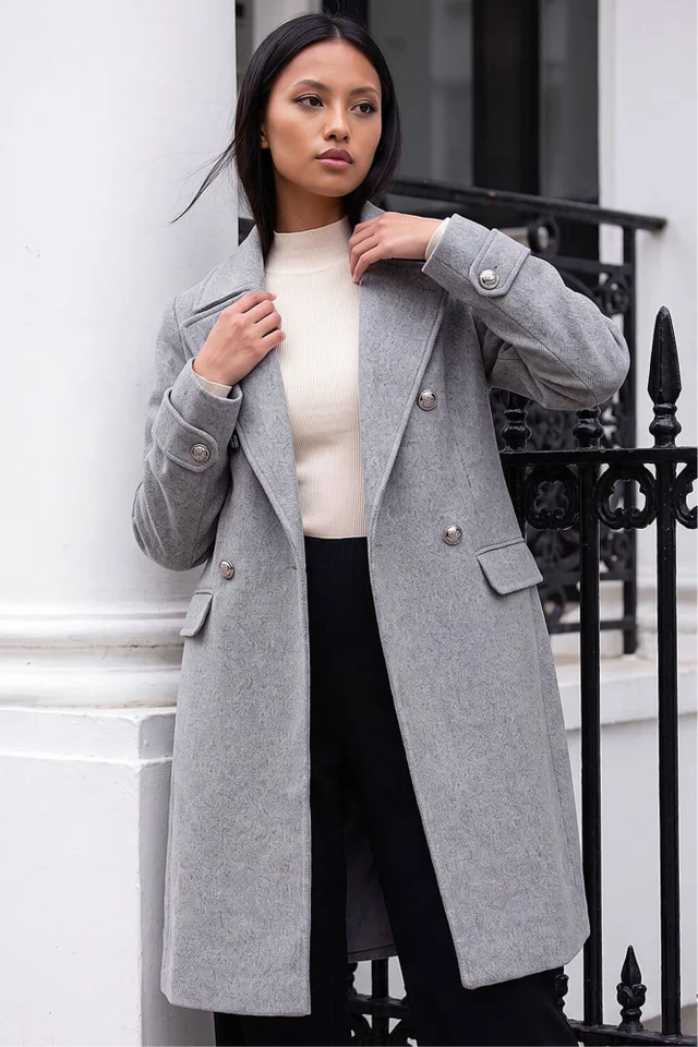 Roman Grey Petite Double Breasted Military Coat