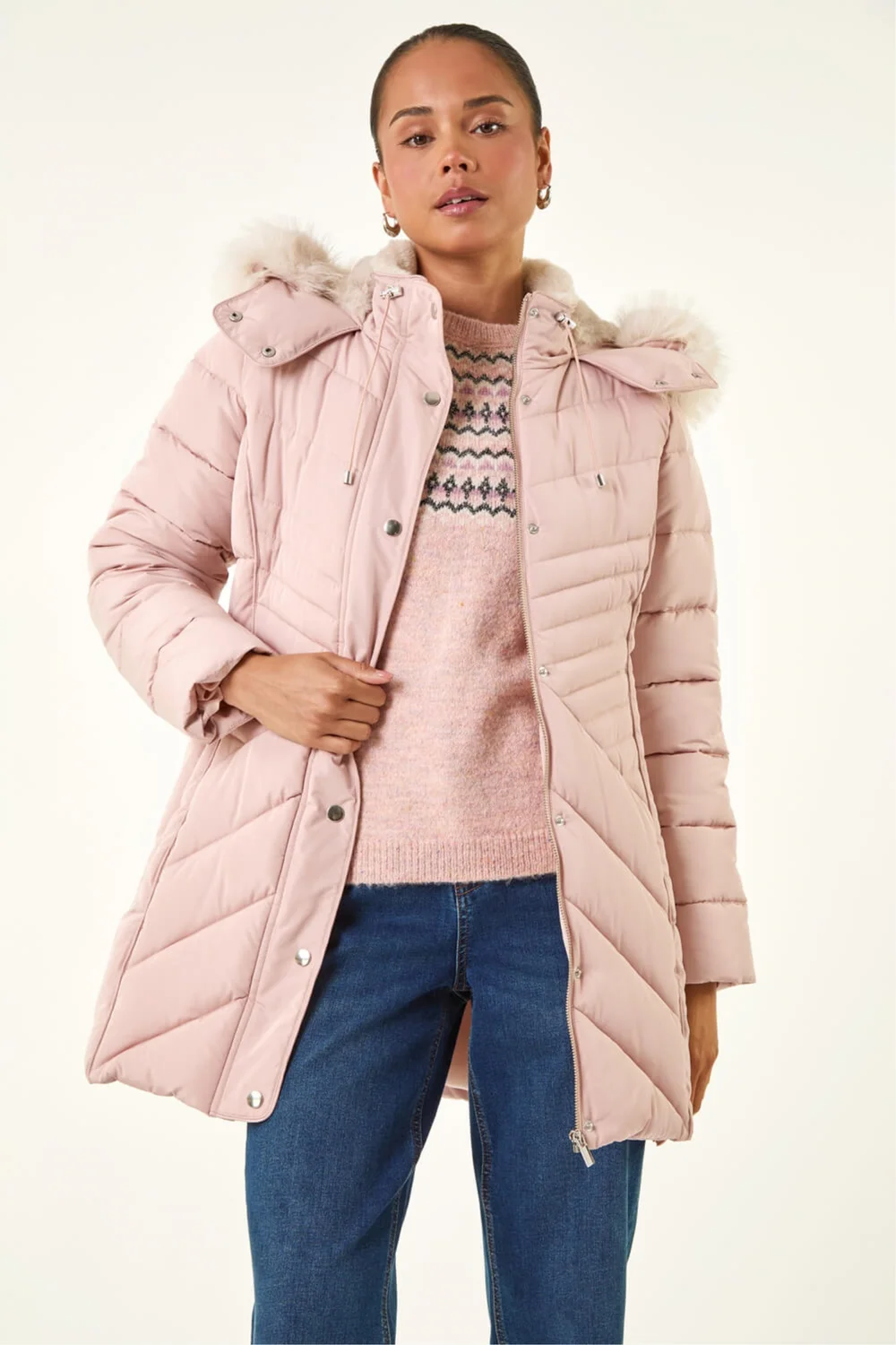 Roman Light Pink Petite Hooded Longline Quilted Coat - 12 Image 1