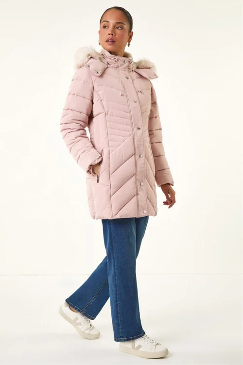 Roman Light Pink Petite Hooded Longline Quilted Coat - 12 Image 3