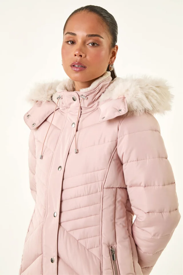 Roman Light Pink Petite Hooded Longline Quilted Coat