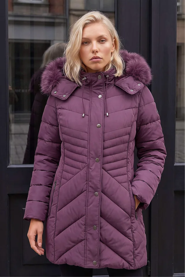 Roman Plum Petite Hooded Longline Quilted Coat