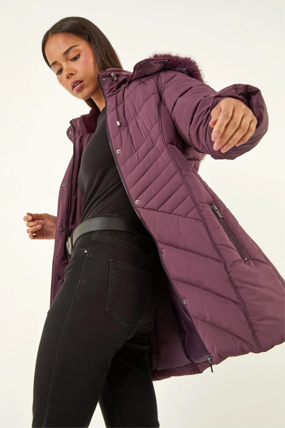 Roman Plum Petite Hooded Longline Quilted Coat - 10 Image 1