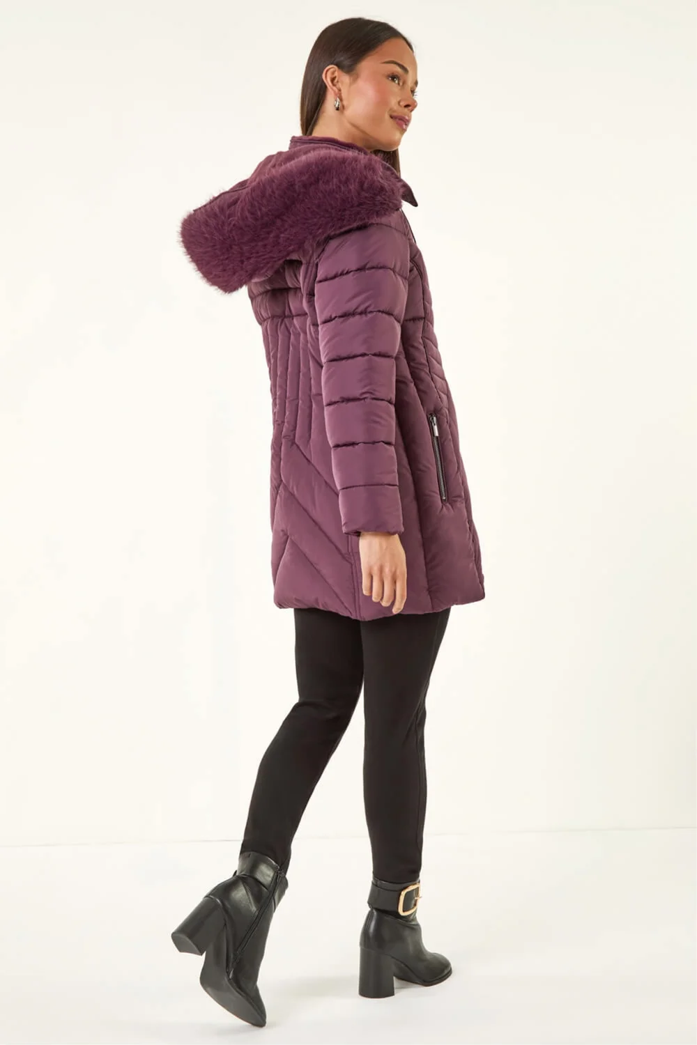 Roman Plum Petite Hooded Longline Quilted Coat - 10 Image 3