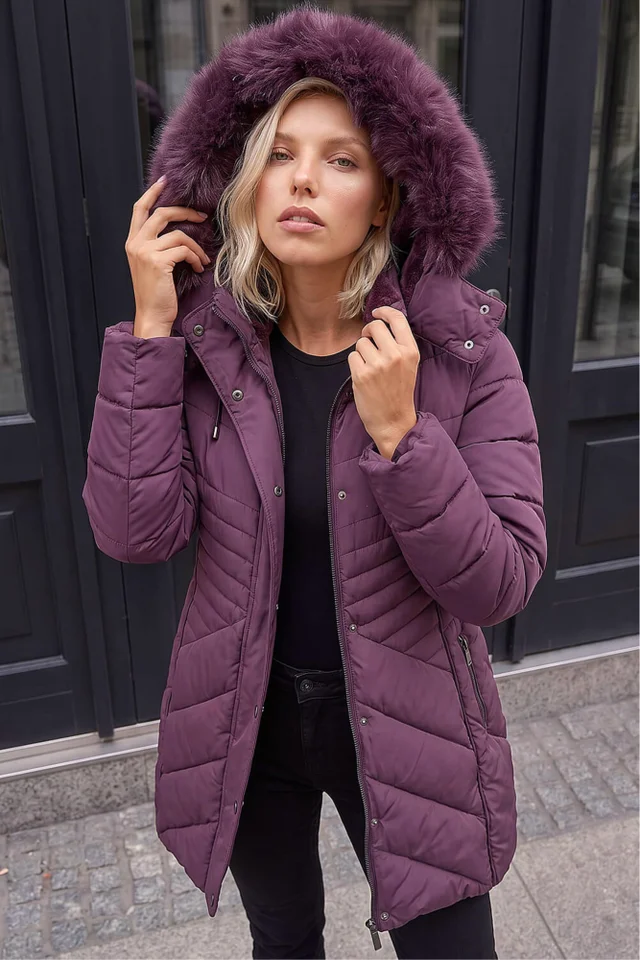 Roman Plum Petite Hooded Longline Quilted Coat
