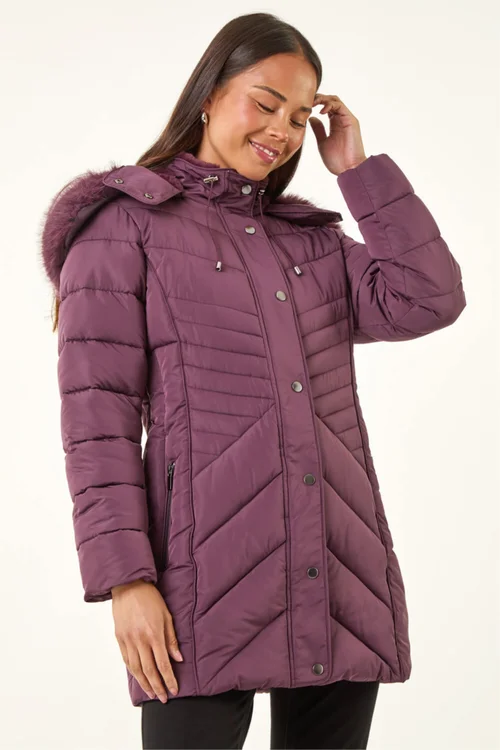Roman Plum Petite Hooded Longline Quilted Coat - 10 Image 4