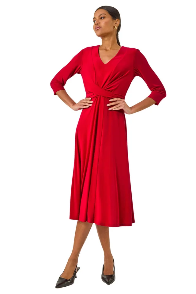 Roman Red Stretch Crossover Midi Dress