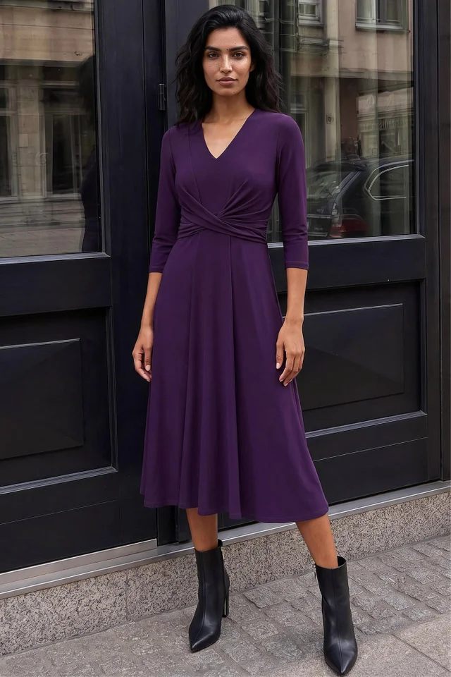 Roman Purple Stretch Crossover Midi Dress