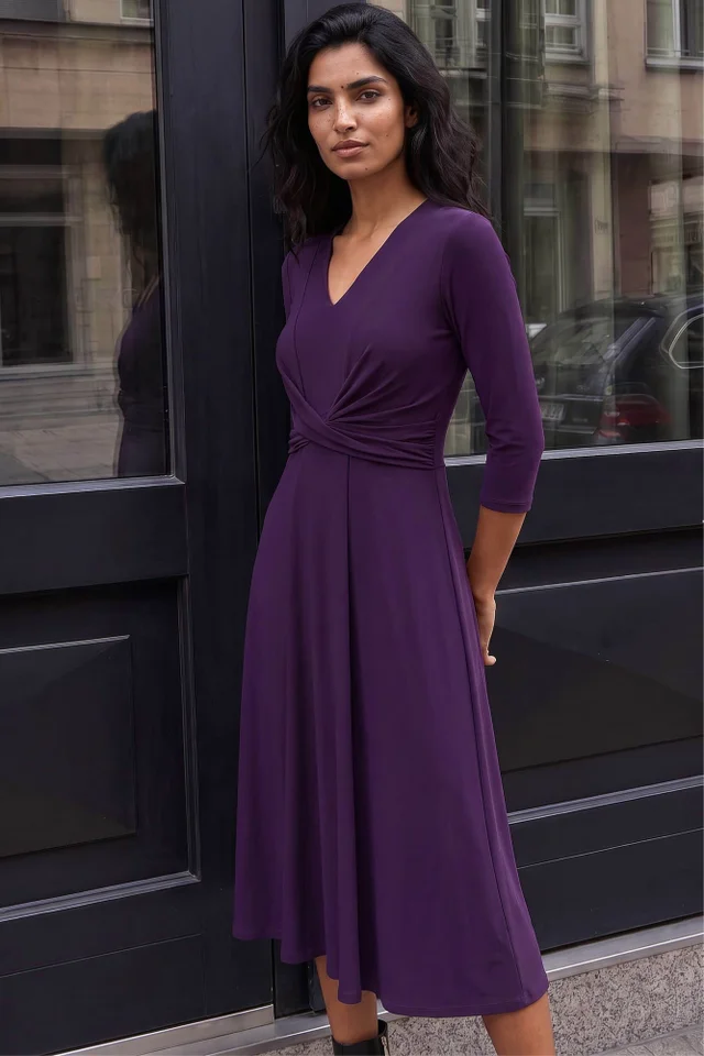 Roman Purple Stretch Crossover Midi Dress
