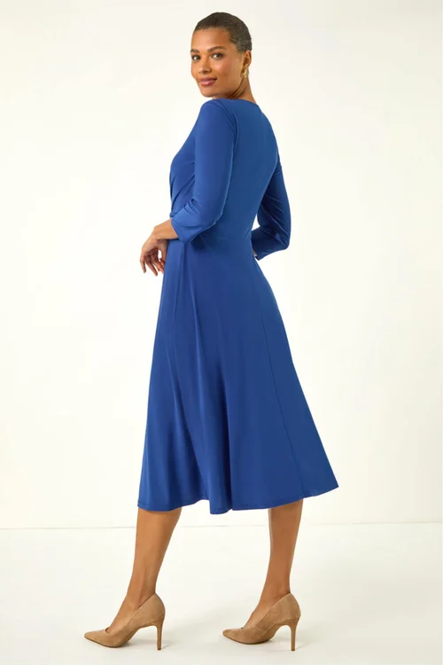 Roman Royal Blue Stretch Crossover Midi Dress - 14 Image 3