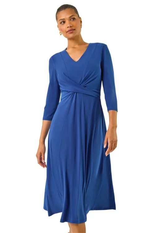 Roman Royal Blue Stretch Crossover Midi Dress - 14 Image 1