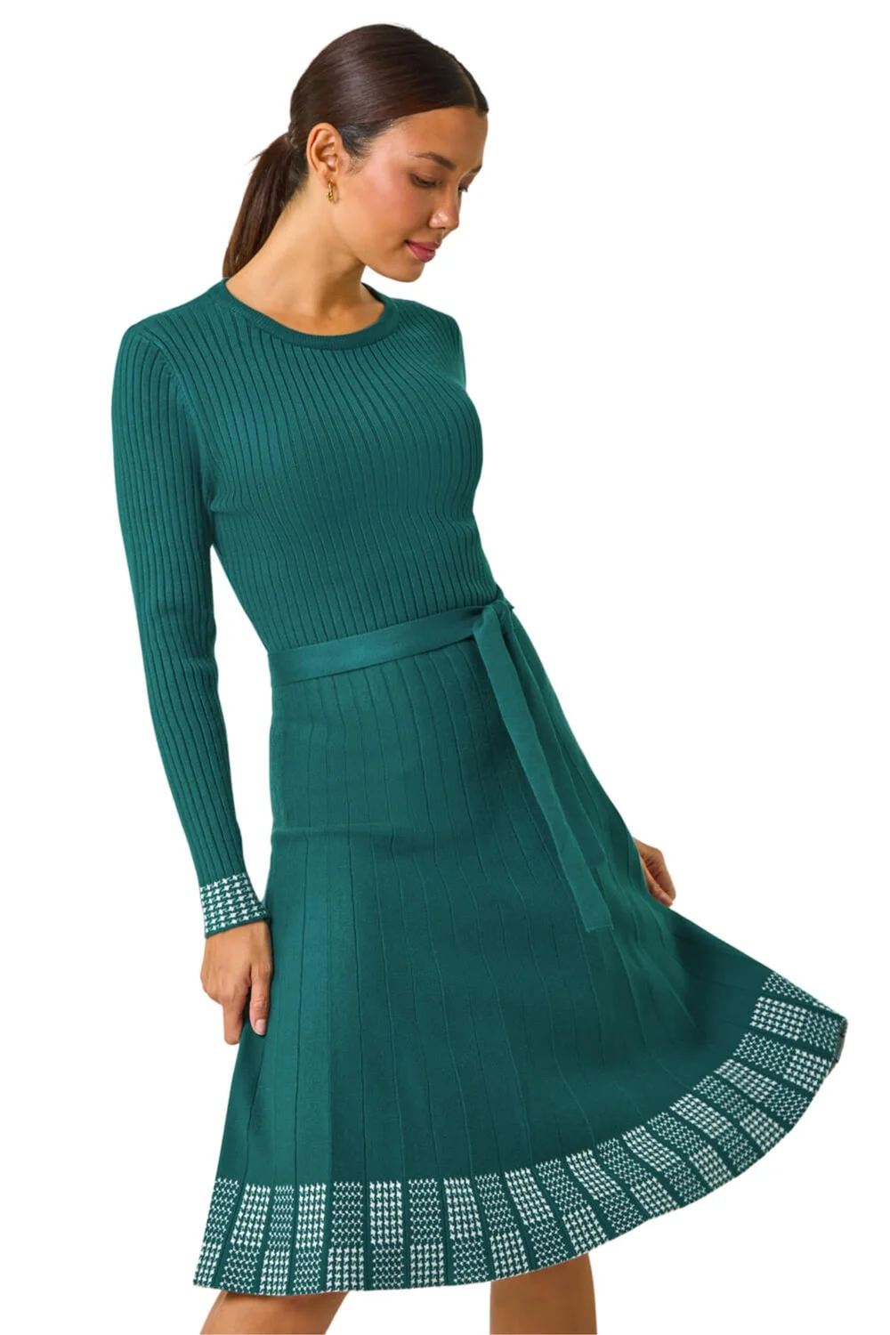 Roman Teal Ribbed Stretch Knit Border Print Dress - 16 Image 1
