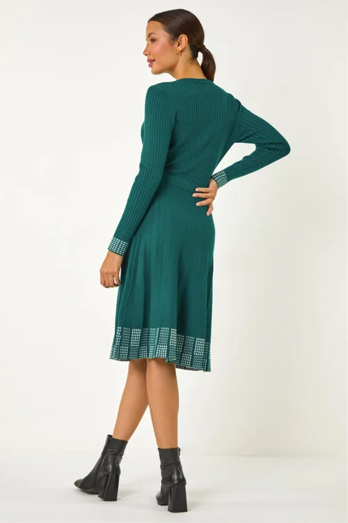Roman Teal Ribbed Stretch Knit Border Print Dress - 16 Image 3