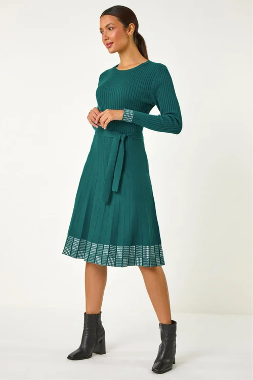 Roman Teal Ribbed Stretch Knit Border Print Dress - 16 Image 2